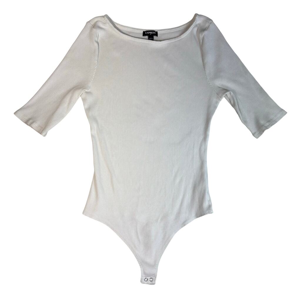 EXPRESS WOMEN'S WHITE RIBBED BOAT-NECK THREE QUARTER SLEEVE BODYSUIT LARGE